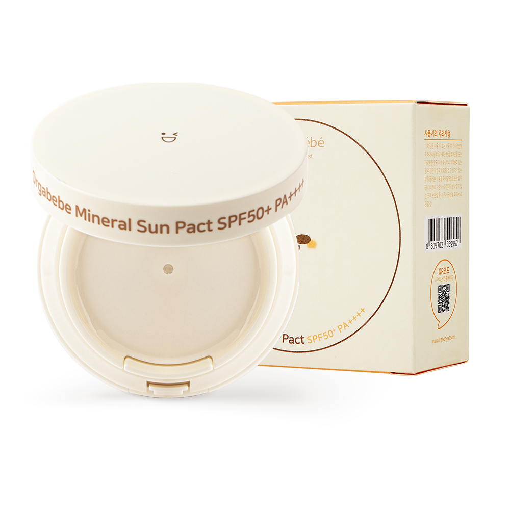 Orgabebe Mineral Sun Pact SPF50+ PA++++ 13 ml compact case with puff, showing mineral sun protection for sensitive or infant skin