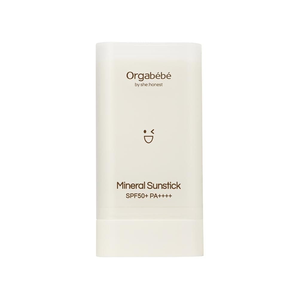 Orgabebe Mineral Sun Stick SPF50+ PA++++ 20g compact stick for sensitive baby and family skin, showing mineral sun protection in flat ergonomic format