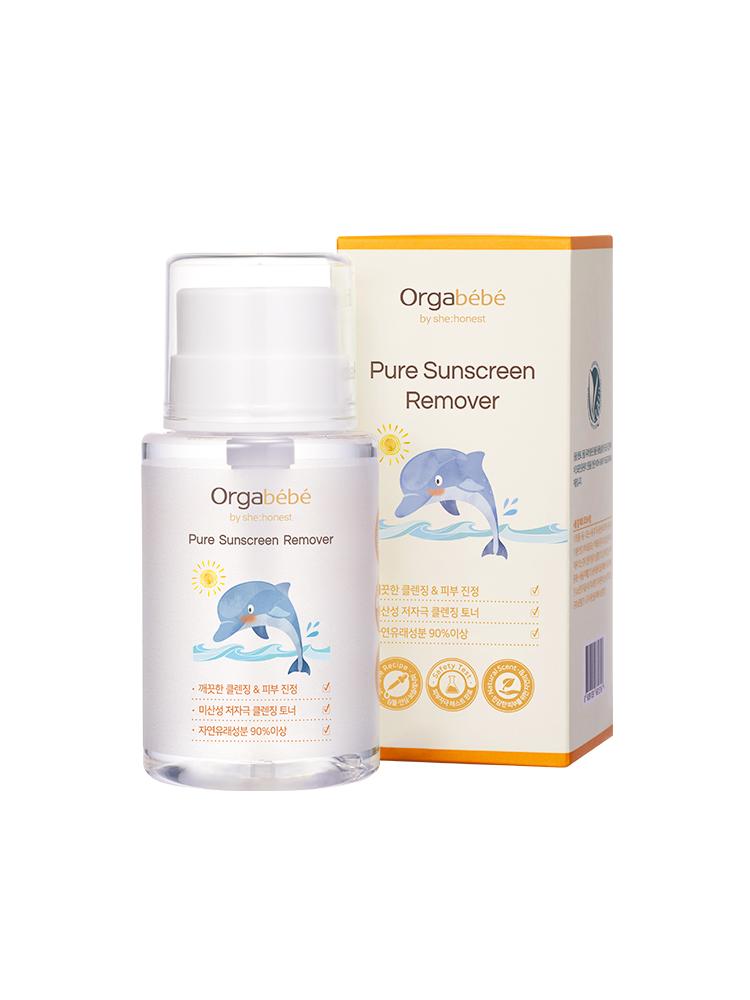 Orgabebe Pure Sunscreen Remover 200 ml bottle with pump-top and gentle cleansing water for removing sunscreen from baby and sensitive skin