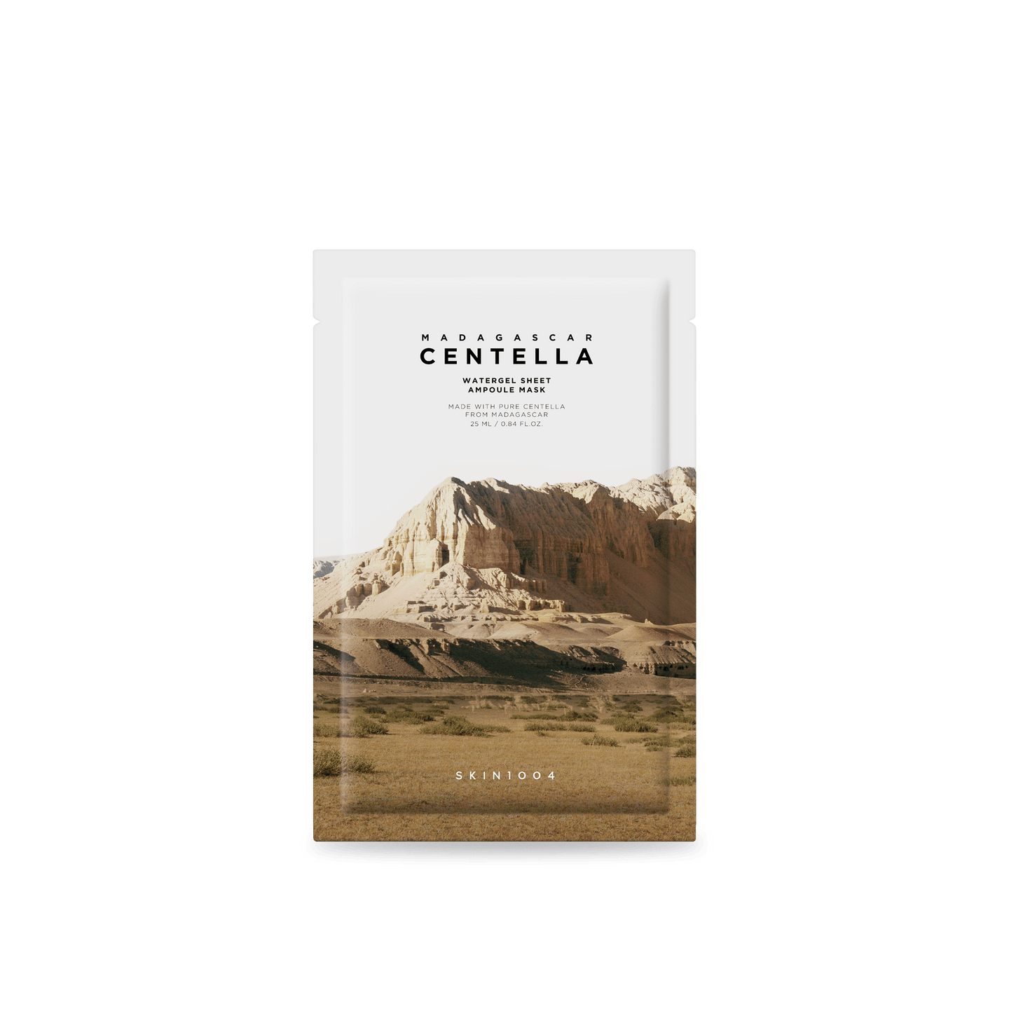 SKIN1004 Madagascar Centella Watergel Sheet Ampoule Mask 5ea packaging with individual gel-type sheet masks displayed.