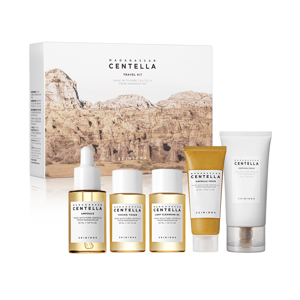 SKIN1004 Madagascar Centella Travel Kit New ver 5pcs featuring mini skincare products in a compact travel friendly pouch