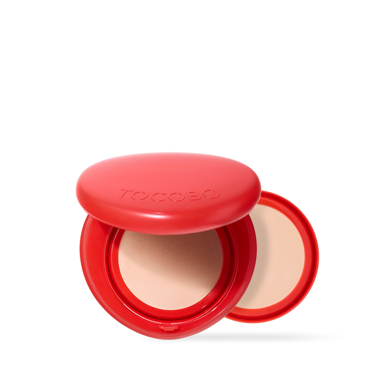 Tocobo Apple Dewy Fit Cushion compact open showing cushion pad and swatches for six shades with radiant skin finish