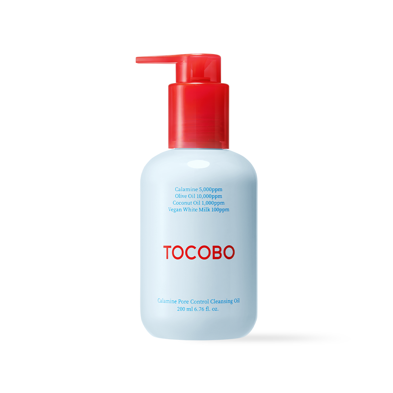 TOCOBO Calamine Pore Control Cleansing Oil 200ml bottle with drop of oil transitioning to milky emulsion highlighting pore control and sebum removal