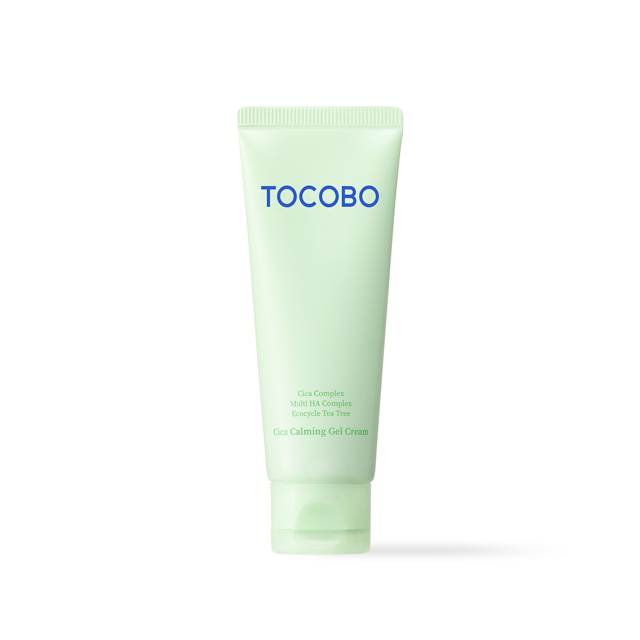 TOCOBO Cica Calming Gel Cream jar 75 ml with green gel texture highlighting fermented cica and tea tree soothing complex