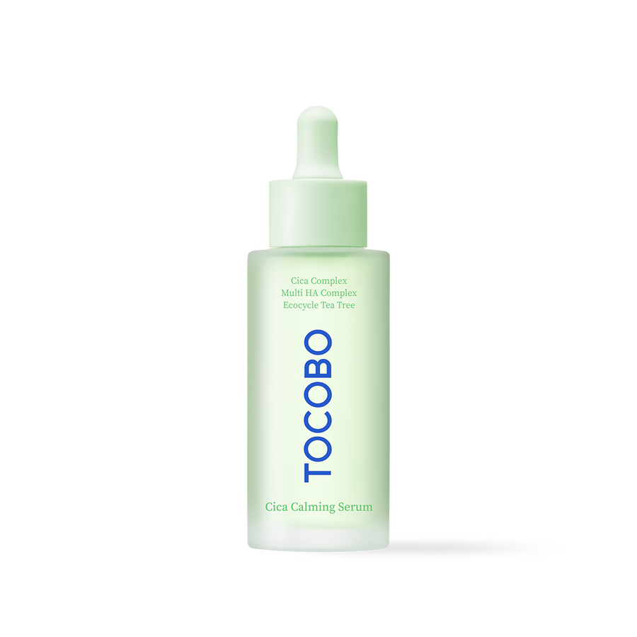 TOCOBO Cica Calming Serum bottle 50 ml with dropper showing light gel texture and centella tea tree ingredients for soothing and hydrating sensitive skin