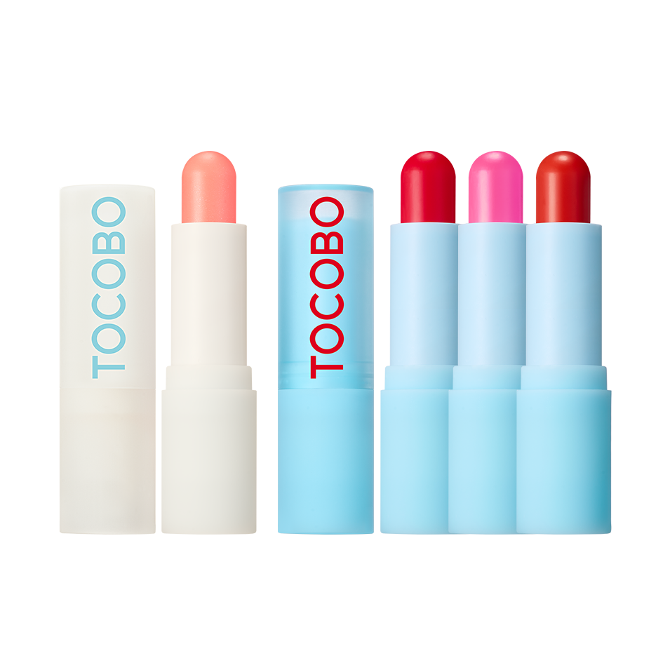TOCOBO Glow &amp; Glass Tinted Lip Balm in sleek twist-up tube showing shimmering Coral Water shade
