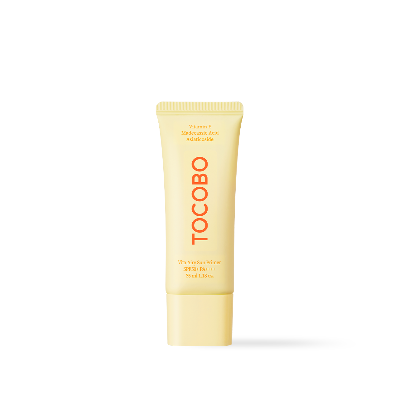 TOCOBO Vita Airy Sun Primer 35 ml in slim yellow-tube packaging shown with product texture on skin, smooth matte finish